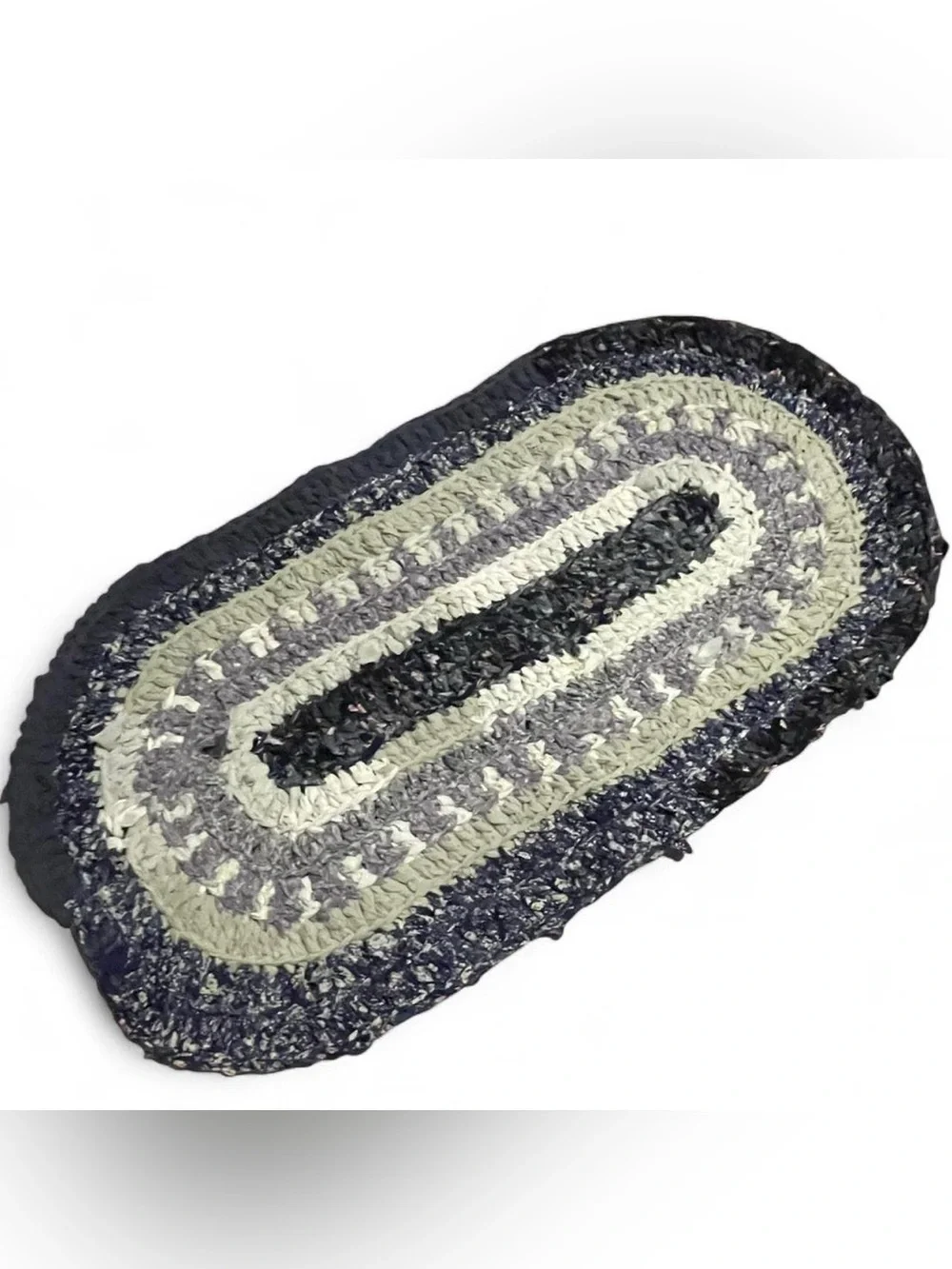 Handmade Oval Crocheted Rag Rug Gray Lavender Navy Cottagecore Granny Prairie